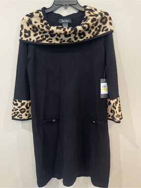 Jessica Howard Black Sweater Dress with Leopard Trim